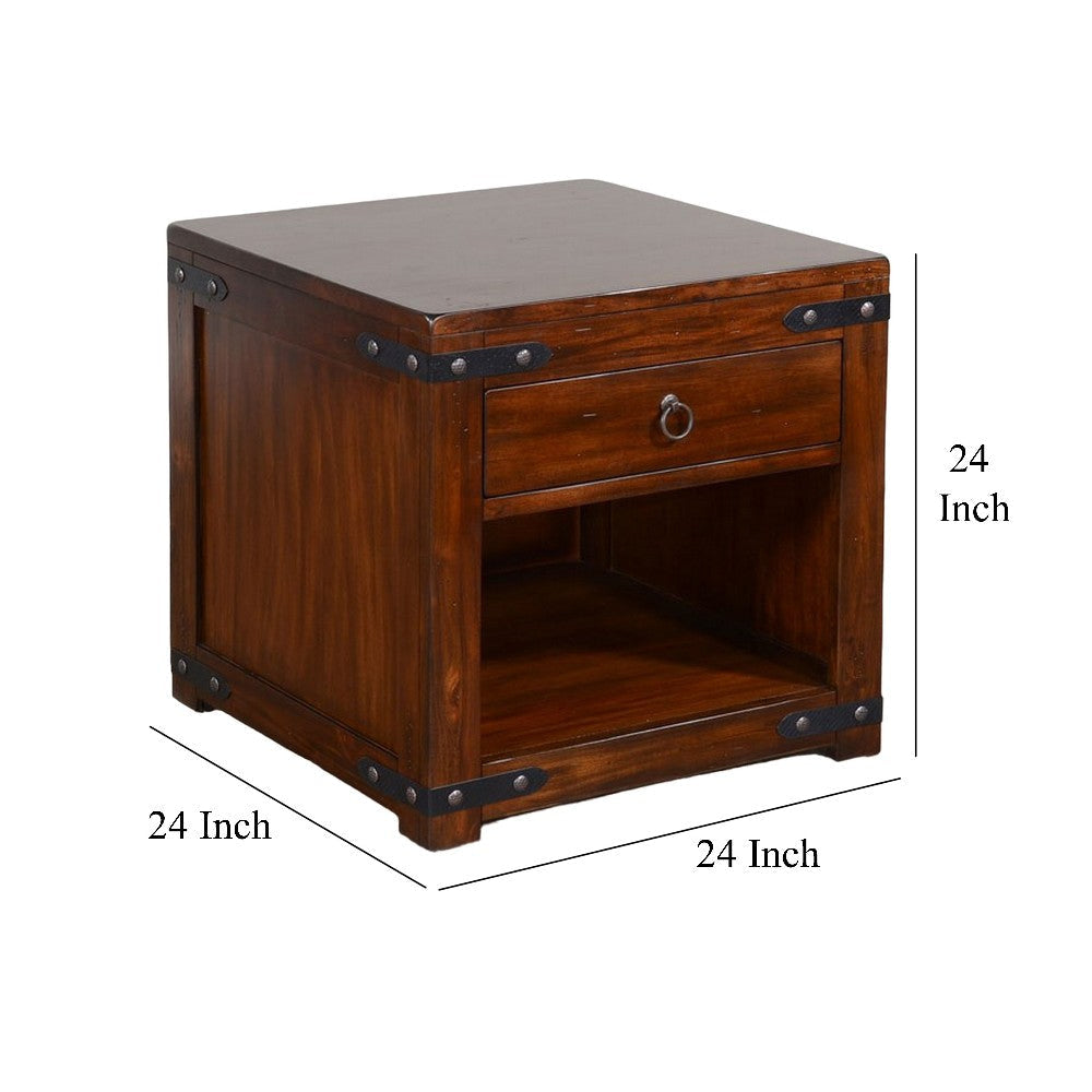 Odel Side End Table Drawer Dark Brown Mahogany Wood Metal 24’’ Top BM325504