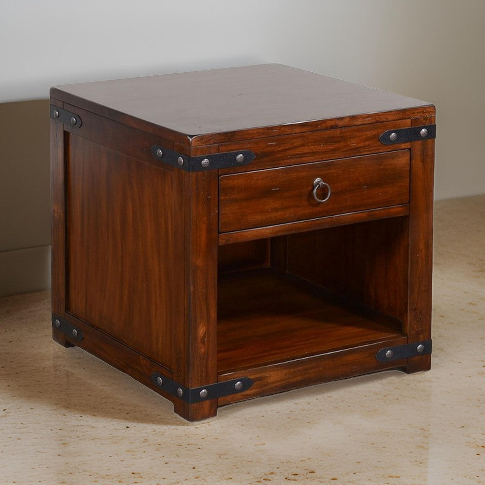 Odel Side End Table, Drawer, Dark Brown Mahogany Wood, Metal, 24" Top