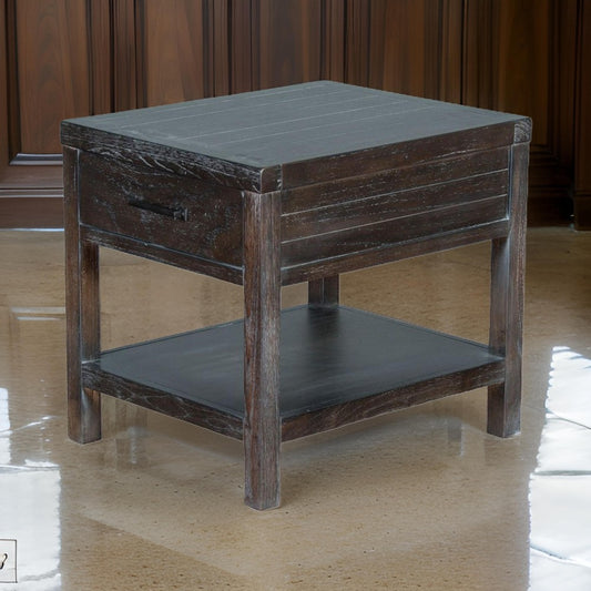 Nikay Side End Table, 1 Drawer, Shelf, Dark Brown Mindi Wood, 26" Top