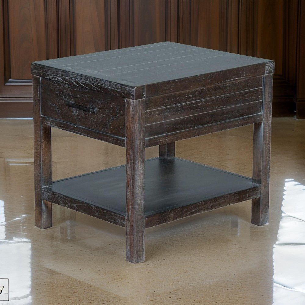 Nikay Side End Table, 1 Drawer, Shelf, Dark Brown Mindi Wood, 26" Top