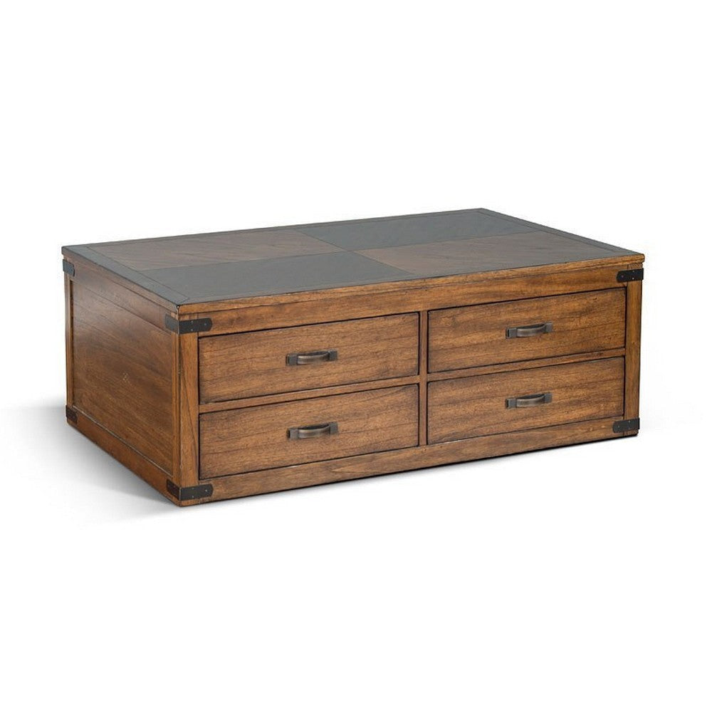 Zinia Coffee Table 4 Drawers Plinth Medium Brown Mindi Wood 50’’ Top BM325522