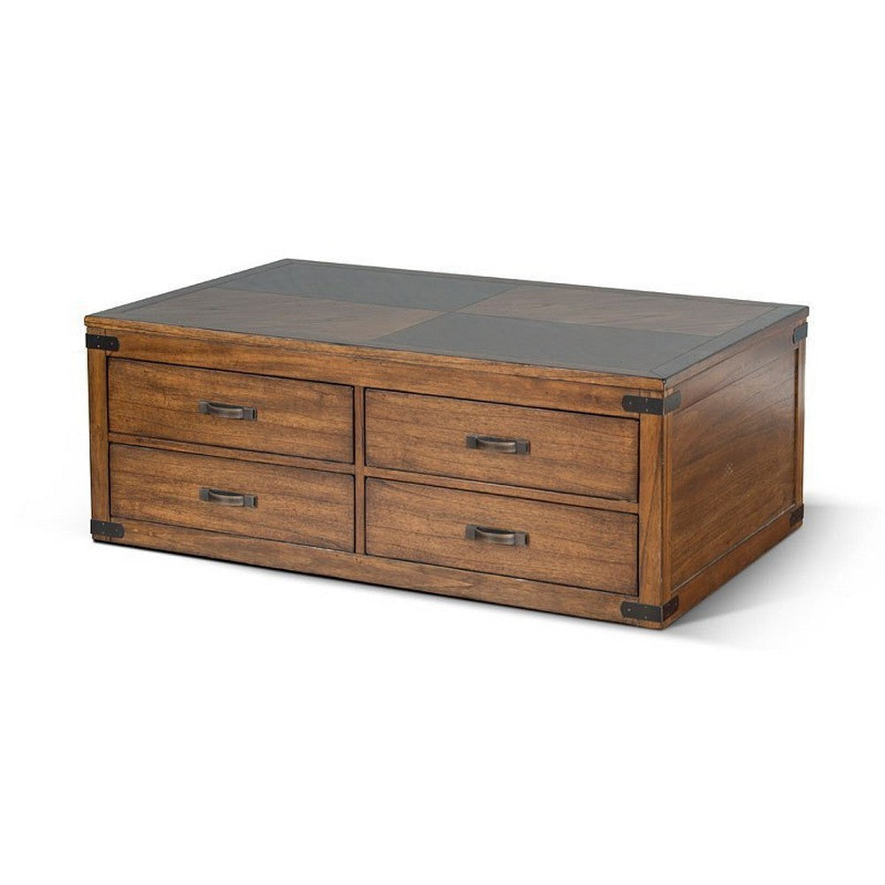 Zinia Coffee Table 4 Drawers Plinth Medium Brown Mindi Wood 50’’ Top BM325522