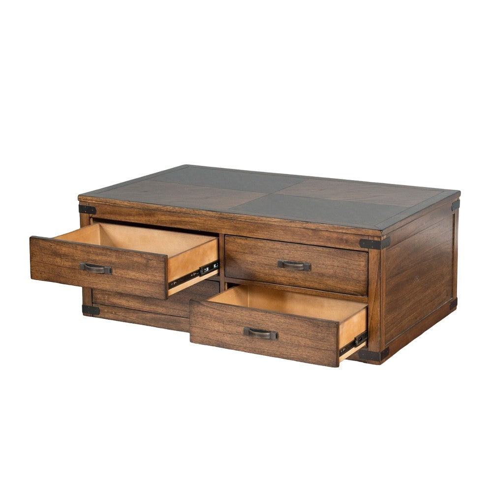 Zinia Coffee Table 4 Drawers Plinth Medium Brown Mindi Wood 50’’ Top BM325522