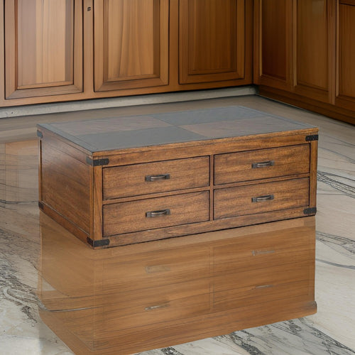 Zinia Coffee Table, 4 Drawers, Plinth Medium Brown Mindi Wood, 50" Top