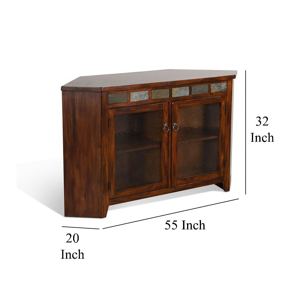 Odel Corner TV Console Glass Doors Dark Brown Mahogany 55’’ Top BM325525