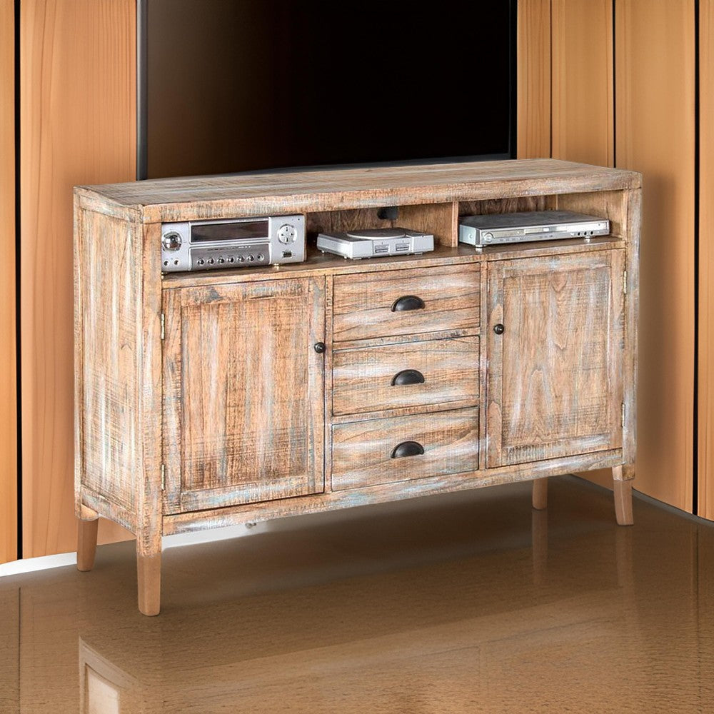 Rany TV Console, 60Wx36H Light Brown Mahogany, 5 Shelves, 3 Drawers