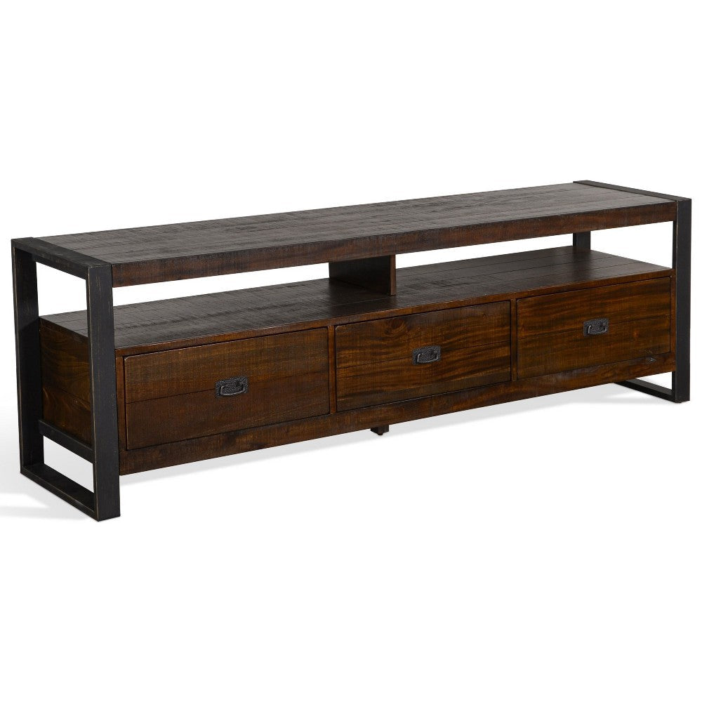 Flint TV Media Console, 3 Drawers, 2 Shelves, Dark Brown Wood, 78" Top