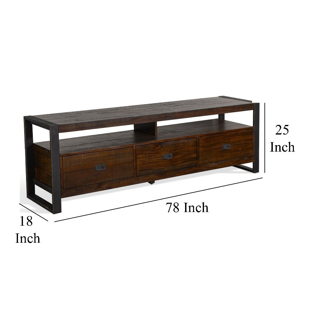 Flint TV Media Console 3 Drawers 2 Shelves Dark Brown Wood 78’’ Top BM325530