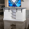 Zena TV Media Console, 3 Shelves, 2 Barn Doors, White, Brown, 65" Top