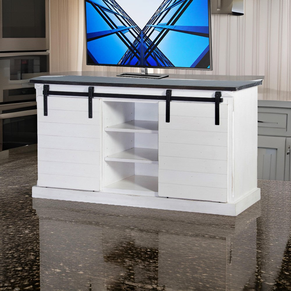 Zena TV Media Console, 3 Shelves, 2 Barn Doors, White, Brown, 65" Top