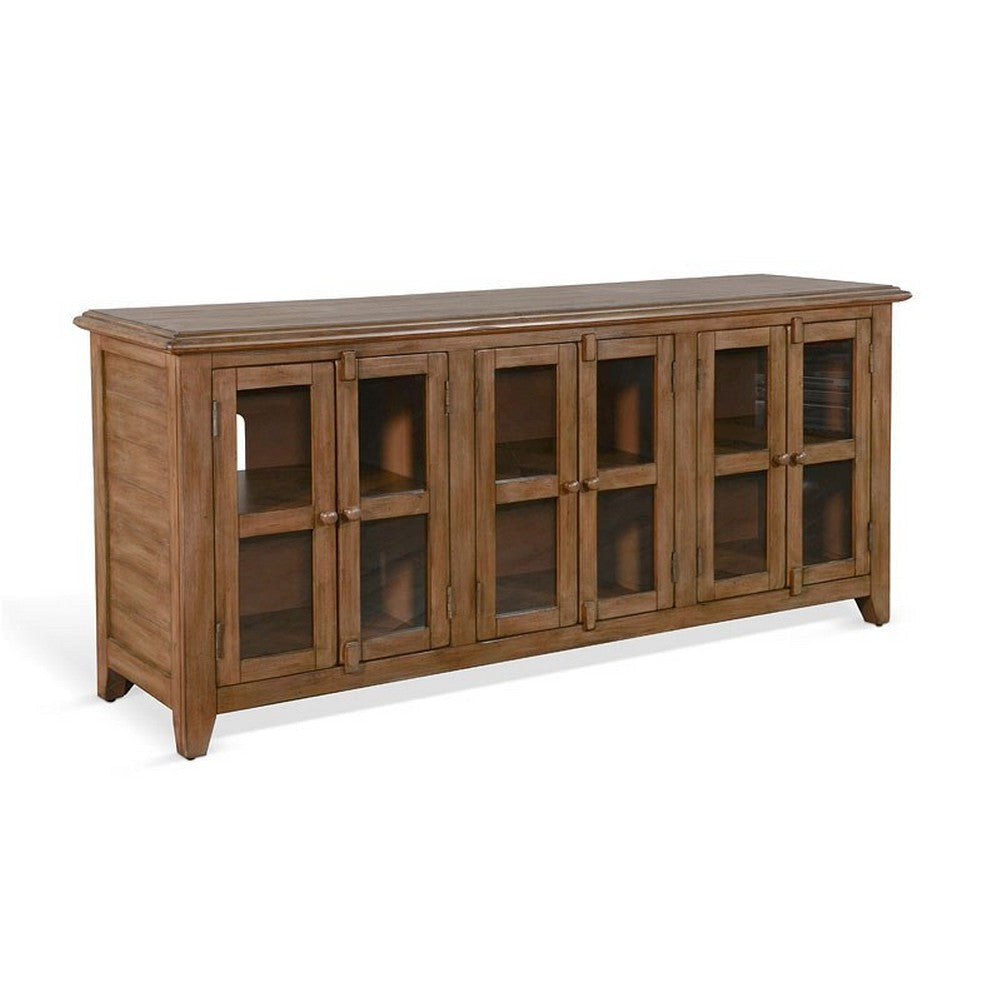 Yael TV Media Console, 6 Shelves, Glass Doors, Light Brown Wood, 70"