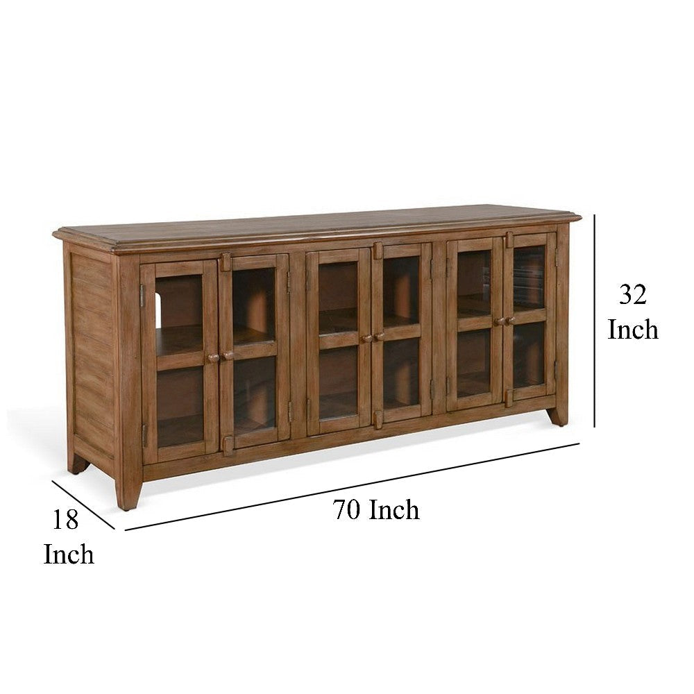 Yael TV Media Console 6 Shelves Glass Doors Light Brown Wood 70’’ BM325537