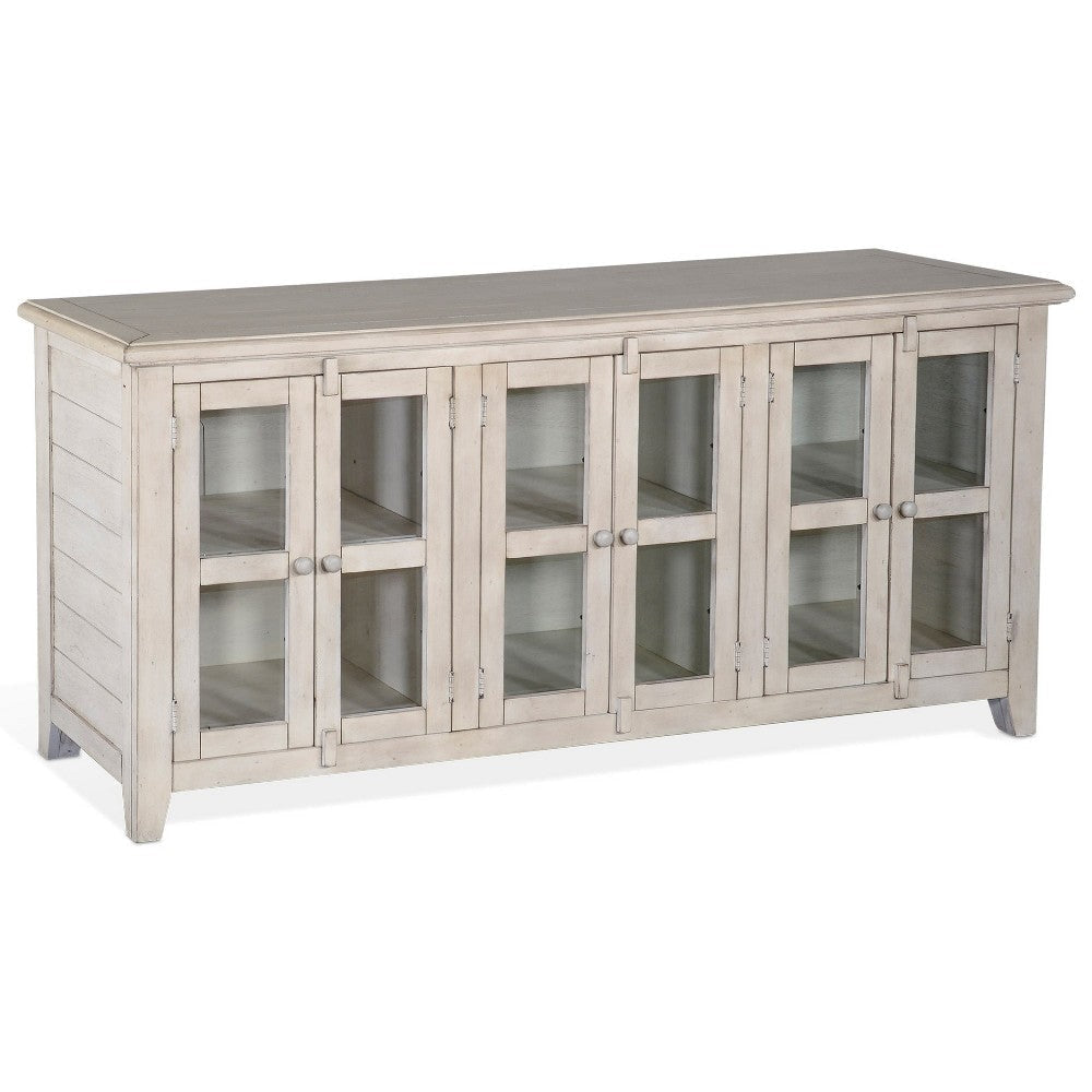Yael TV Media Console, 6 Shelves, Glass Doors, White Mahogany, 70" Top