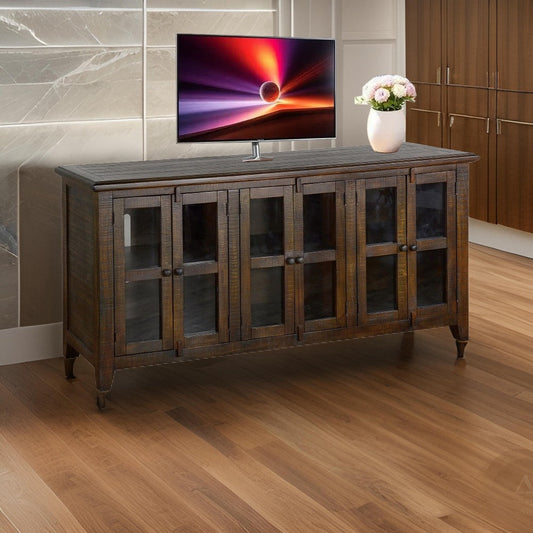 Yael TV Media Console, 6 Shelves, Glass Doors, Dark Brown Wood, 70"