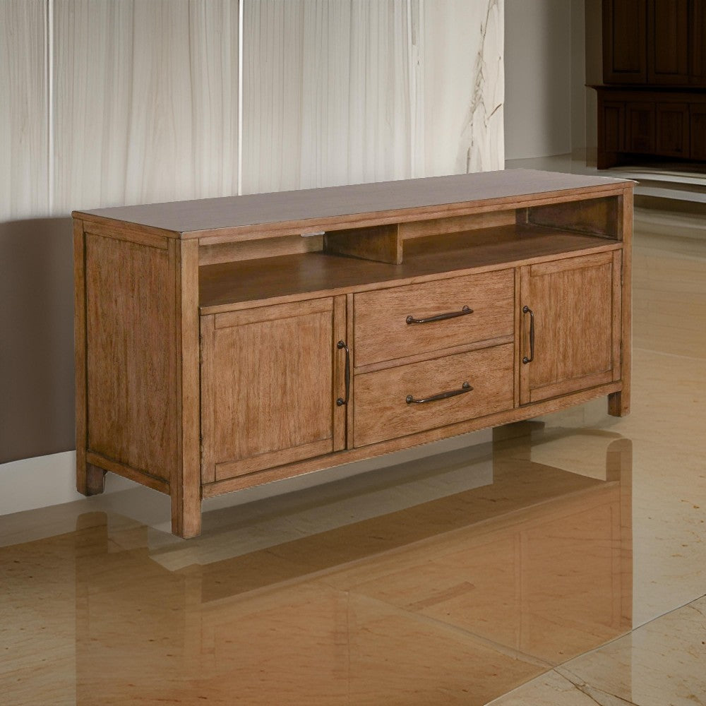 Yael TV Media Console, 4 Shelves, 2 Drawers, Light Brown Wood, 66"