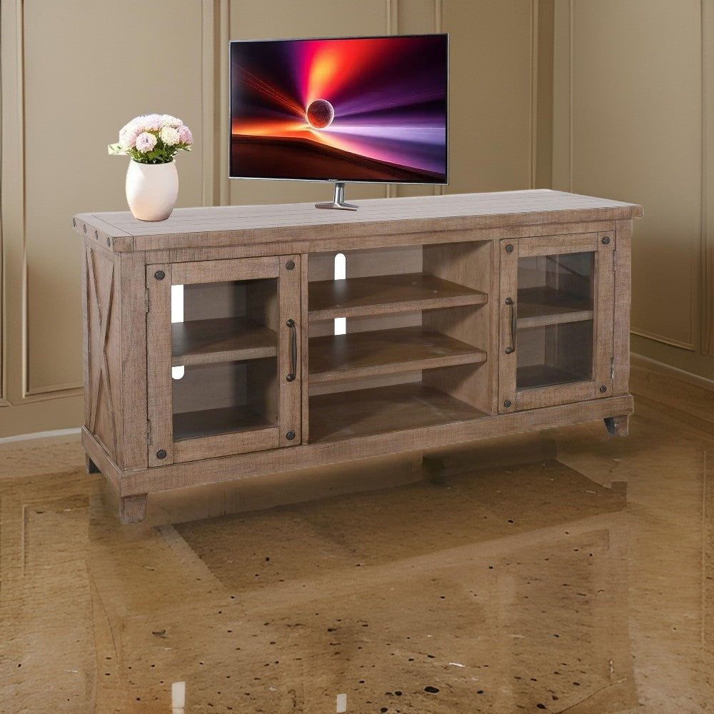 Anva TV Media Console, Shelves, Doors, Light Brown Mahogany, 64" Top