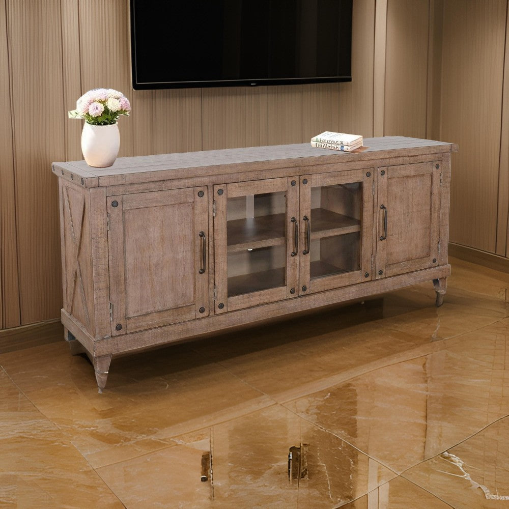 Anva TV Media Console, Shelves, Doors, Light Brown Mahogany, 74" Top