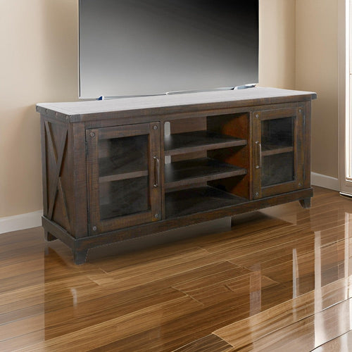 Anva TV Media Console, Shelves, Doors, Dark Brown Mahogany, 64" Top