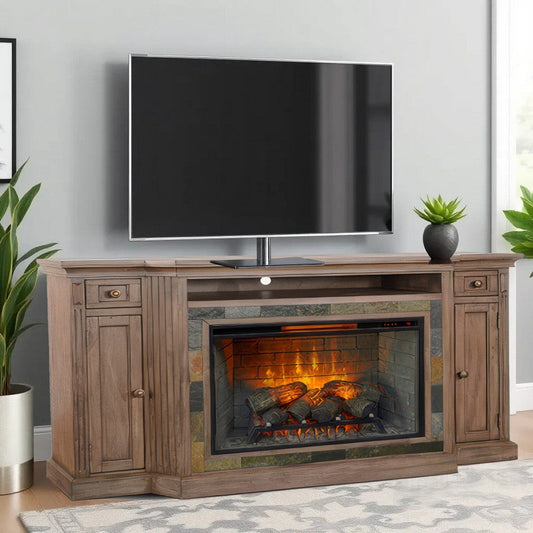 Lio TV Media Entertainment Console, Slate Inlay Taupe Brown Wood 72"