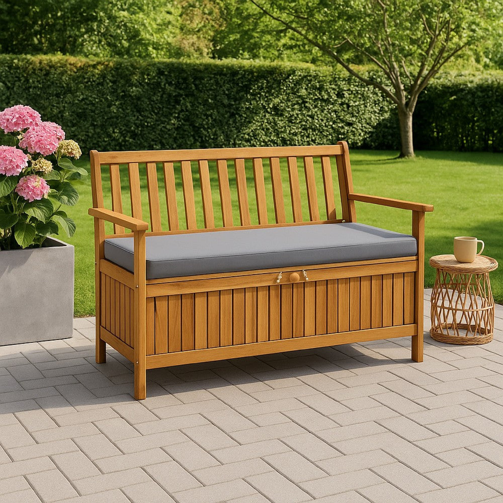 Outdoor Storage Bench, Brown Solid Acacia Wood, Gray Fabric, 47"