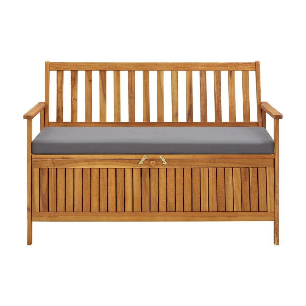 Outdoor Storage Bench, Brown Solid Acacia Wood, Gray Fabric, 47"