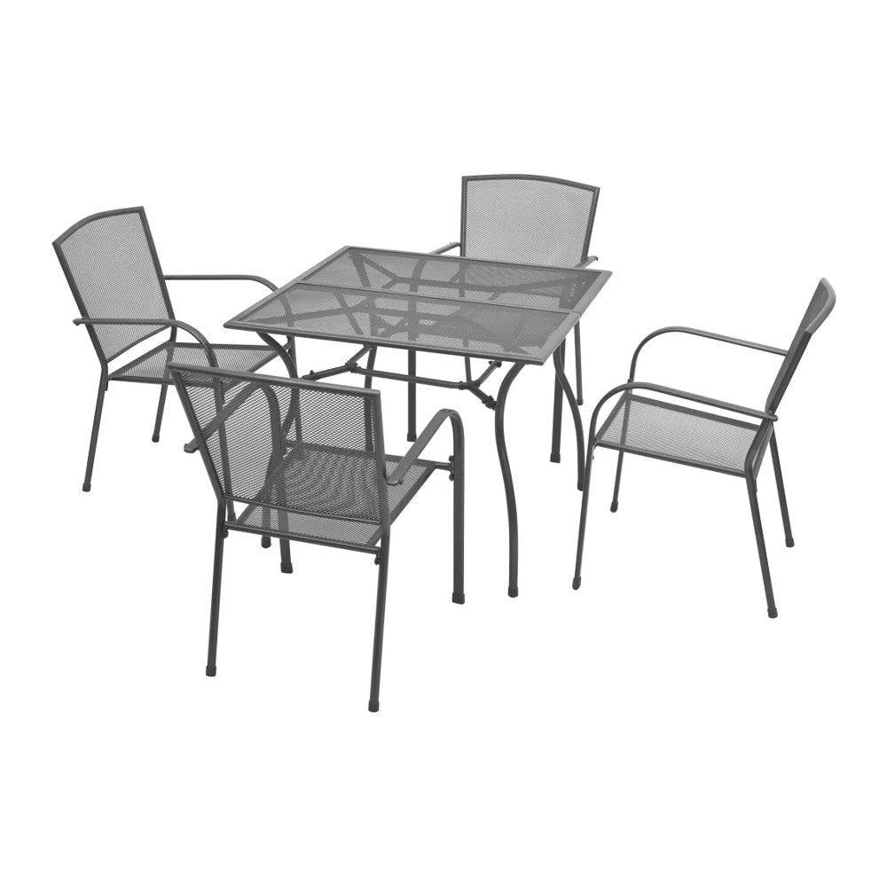 5pc Outdoor Dining Table Set, 4 Stackable Armchairs, Gray Steel Metal