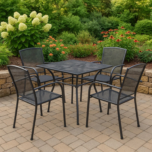 5pc Outdoor Dining Table Set, 4 Stackable Armchairs, Gray Steel Metal