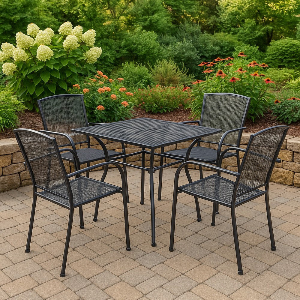 5pc Outdoor Dining Table Set, 4 Stackable Armchairs, Gray Steel Metal