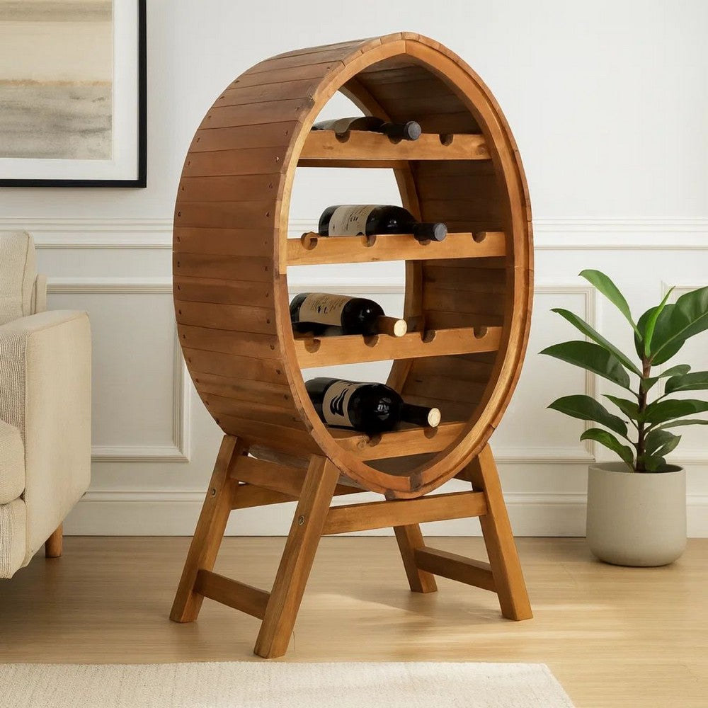 Oval Wine Rack, 13 Bottles, 35" Tall, Brown Solid Acacia Wood Frame