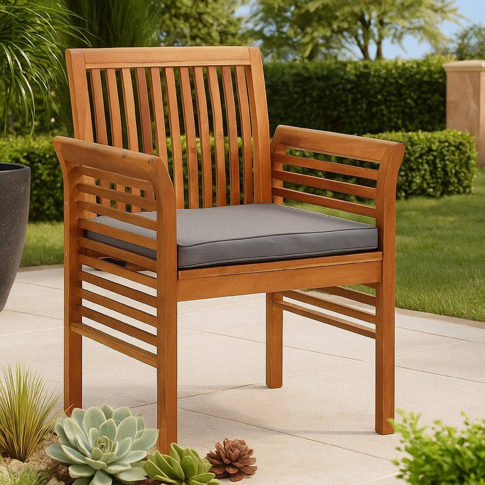 Outdoor Dining Chair Set of 4, Slatted Brown Acacia Wood, Gray Fabric