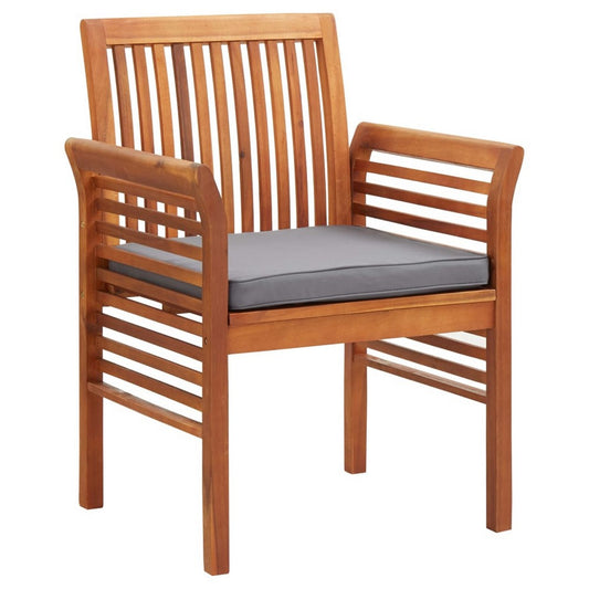 Outdoor Dining Chair Set of 4, Slatted Brown Acacia Wood, Gray Fabric