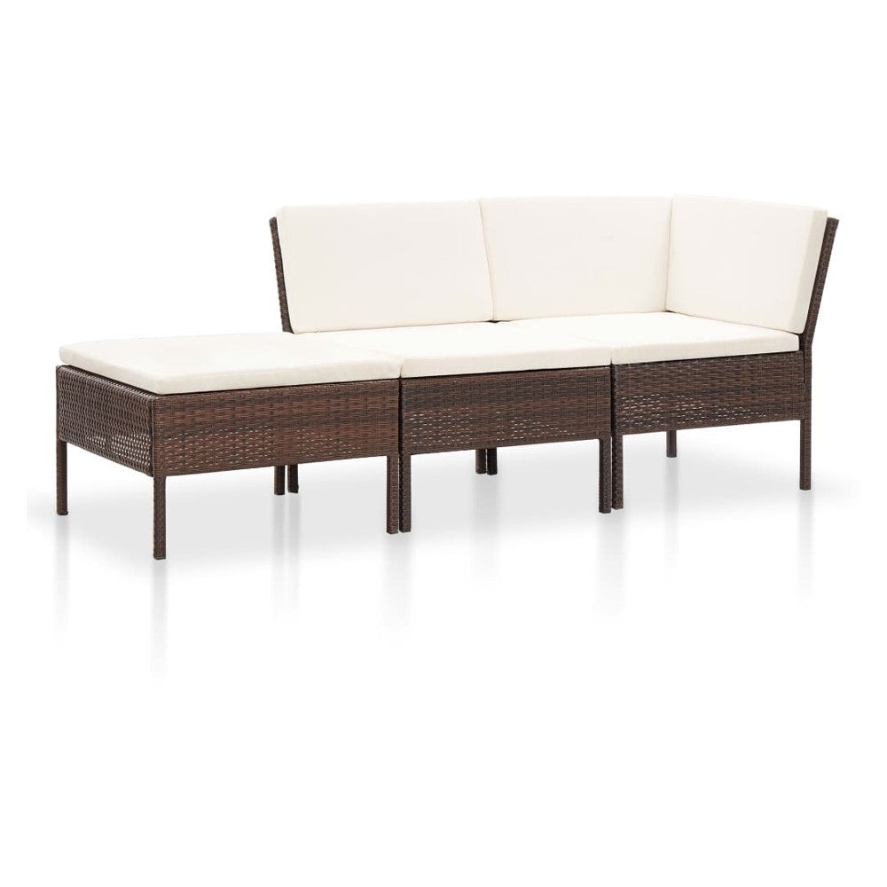 Modular 3pc Outdoor Lounger Sofa, Brown Poly Rattan, Ivory Fabric