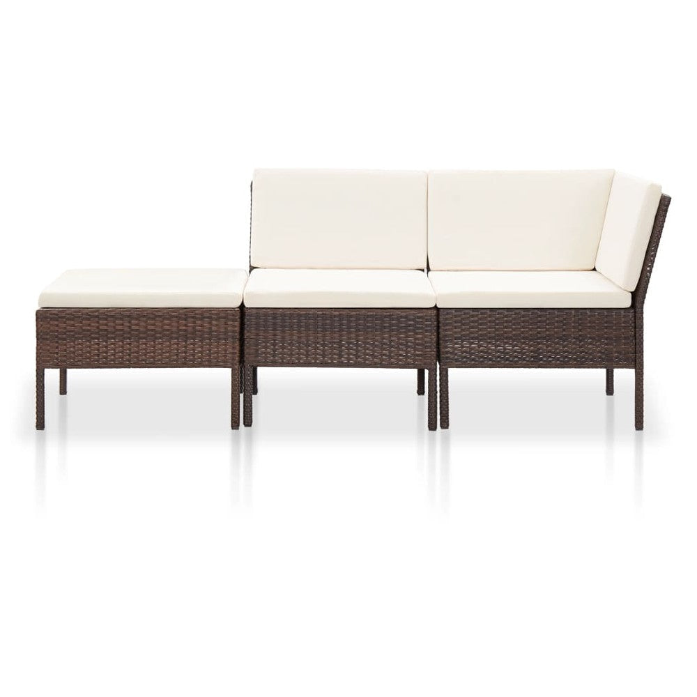 Modular 3pc Outdoor Lounger Sofa Brown Poly Rattan Ivory Fabric BM325594