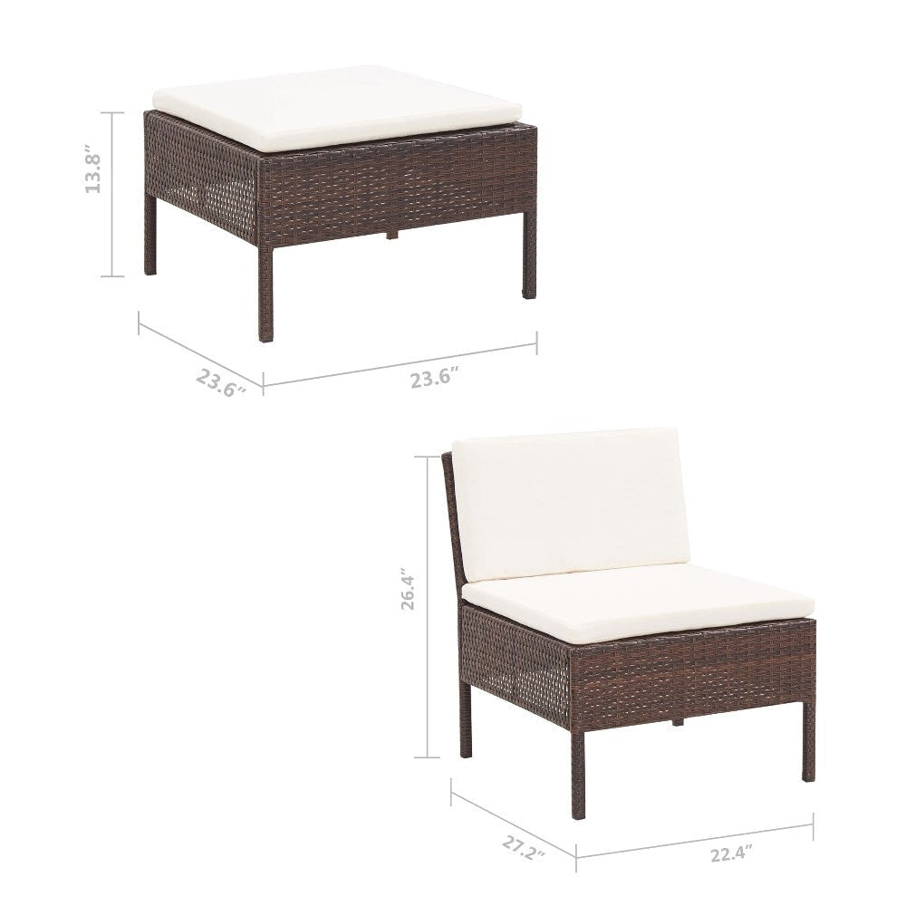 Modular 3pc Outdoor Lounger Sofa Brown Poly Rattan Ivory Fabric BM325594