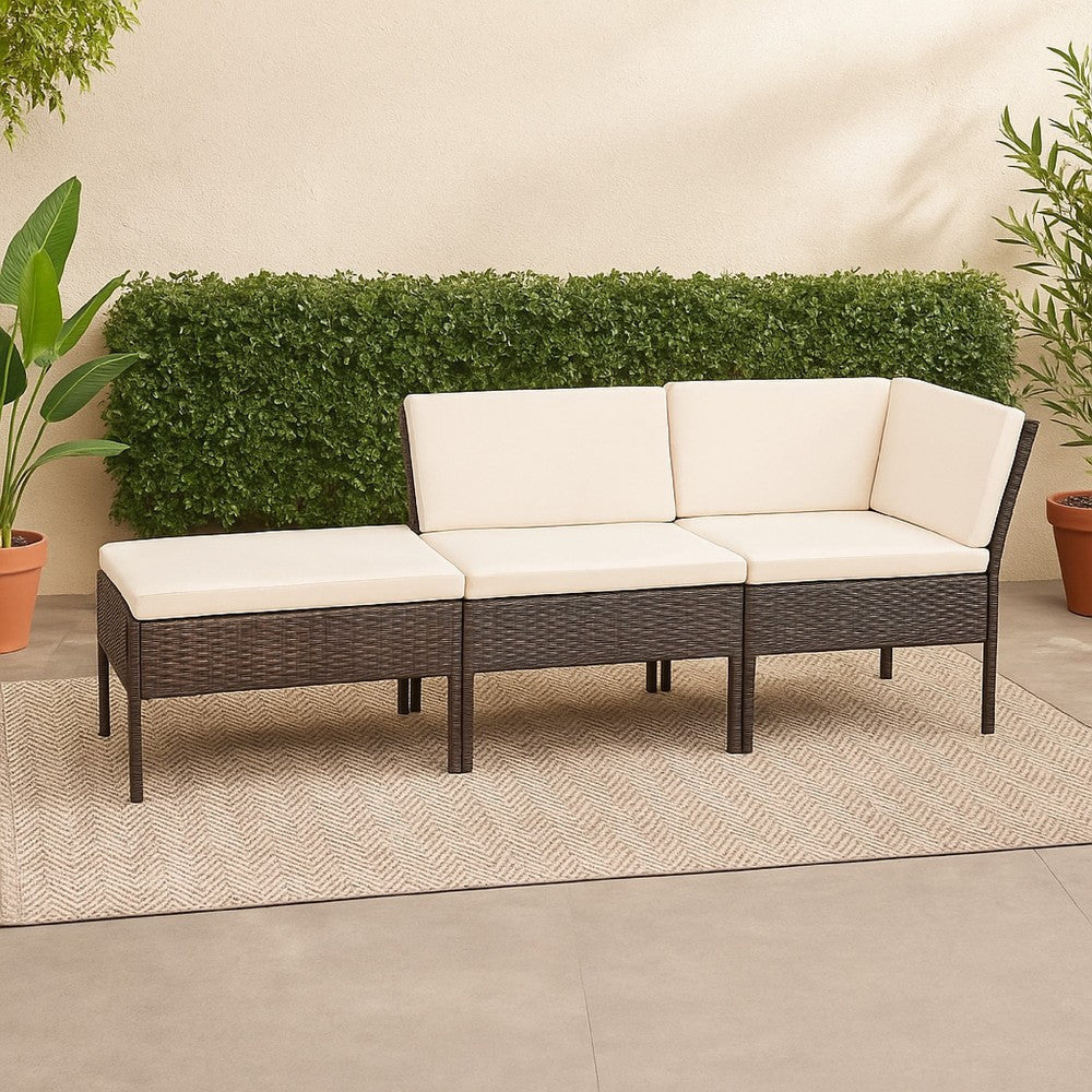 Modular 3pc Outdoor Lounger Sofa, Brown Poly Rattan, Ivory Fabric