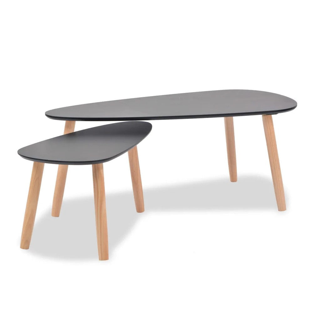 2 PIece Accent Coffee Table Nesting Black MDF Brown Tapered Legs BM325597