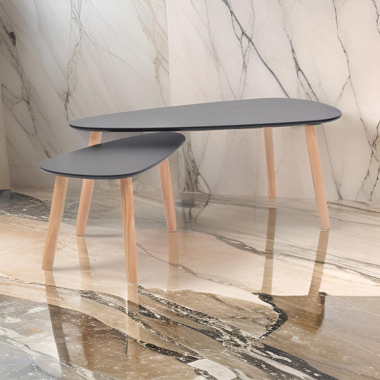 2 PIece Accent Coffee Table, Nesting, Black MDF, Brown Tapered Legs