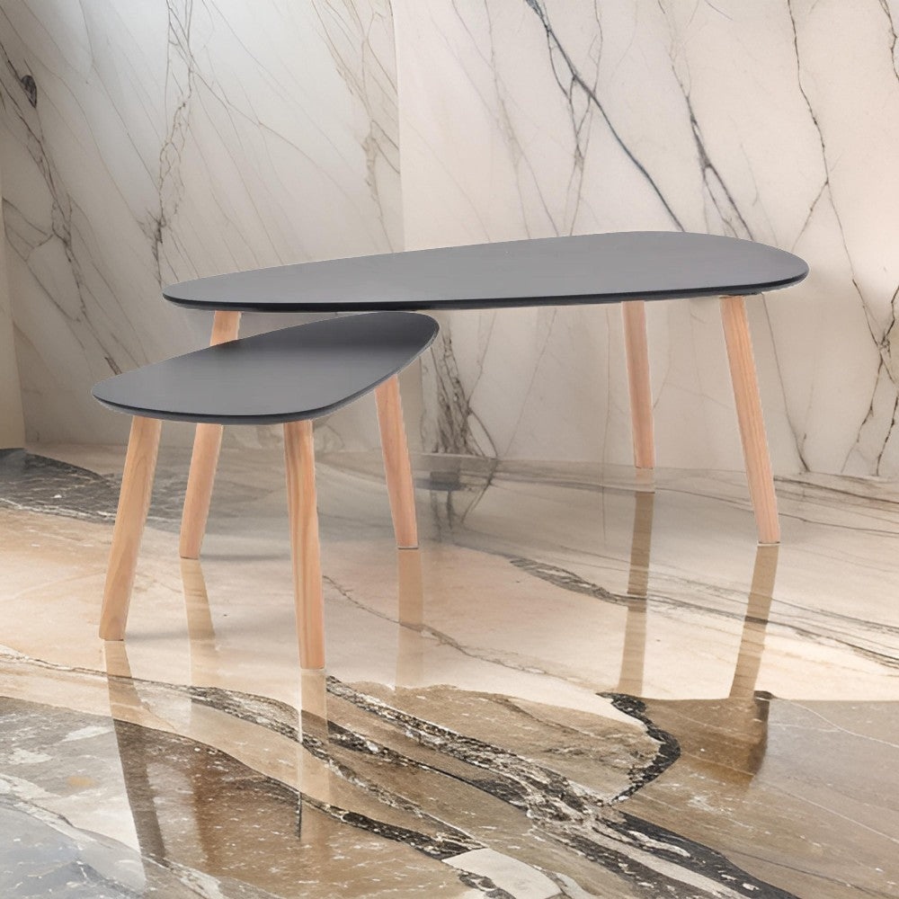 2 PIece Accent Coffee Table, Nesting, Black MDF, Brown Tapered Legs