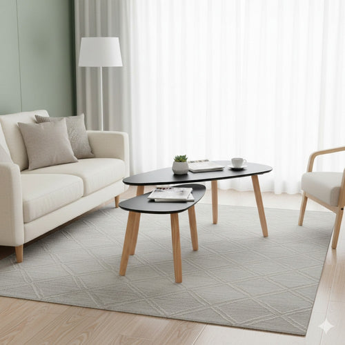 2 PIece Accent Coffee Table, Nesting, Black MDF, Brown Tapered Legs