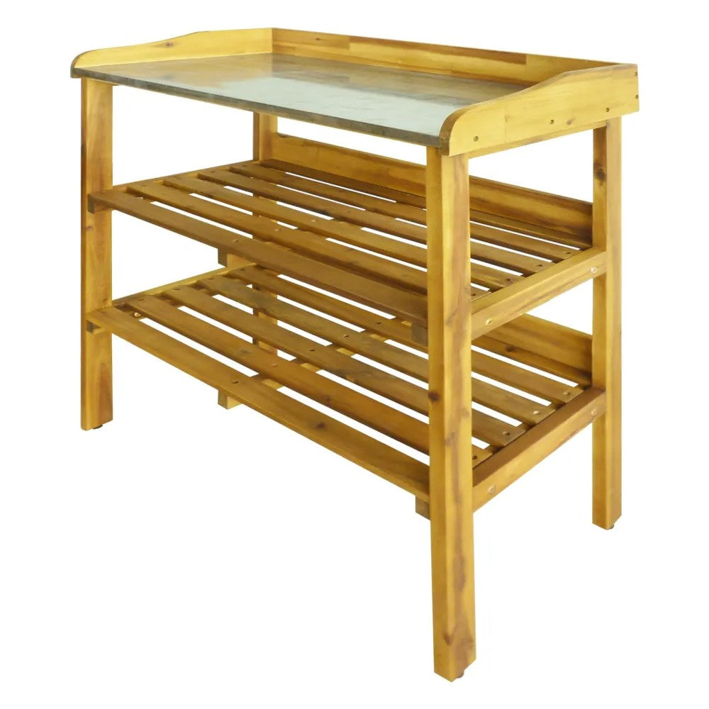 Outdoor Plant Shelf Rack 2 Shelves Zinc Liner Brown Wood 36’’ BM325598