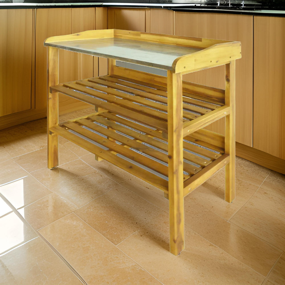 Outdoor Plant Shelf Rack, 2 Shelves, Zinc Liner, Brown Wood, 36"