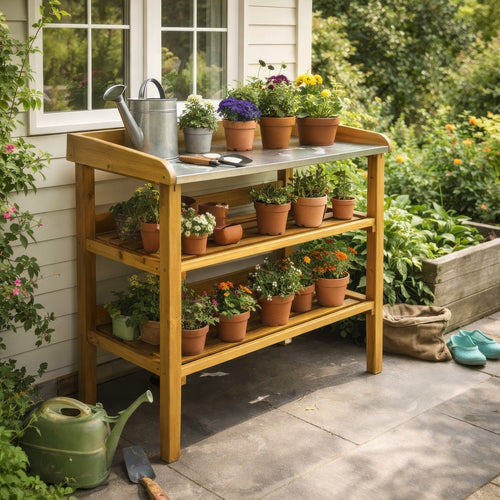 Outdoor Plant Shelf Rack, 2 Shelves, Zinc Liner, Brown Wood, 36"