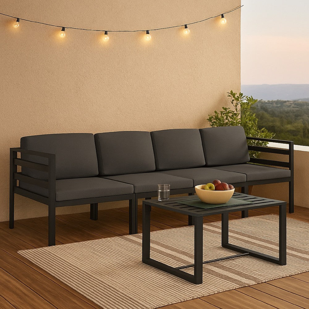 Shina 5pc Outdoor Set with Table, Sofa, and Chairs, Black Polyester