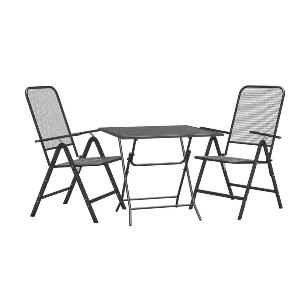 Zofi 3pc Outdoor Dining Chair and Table Set, Foldable Mesh Gray Metal