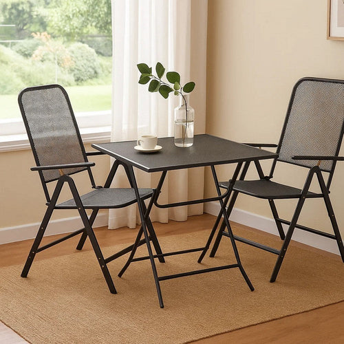 Zofi 3pc Outdoor Dining Chair and Table Set, Foldable Mesh Gray Metal