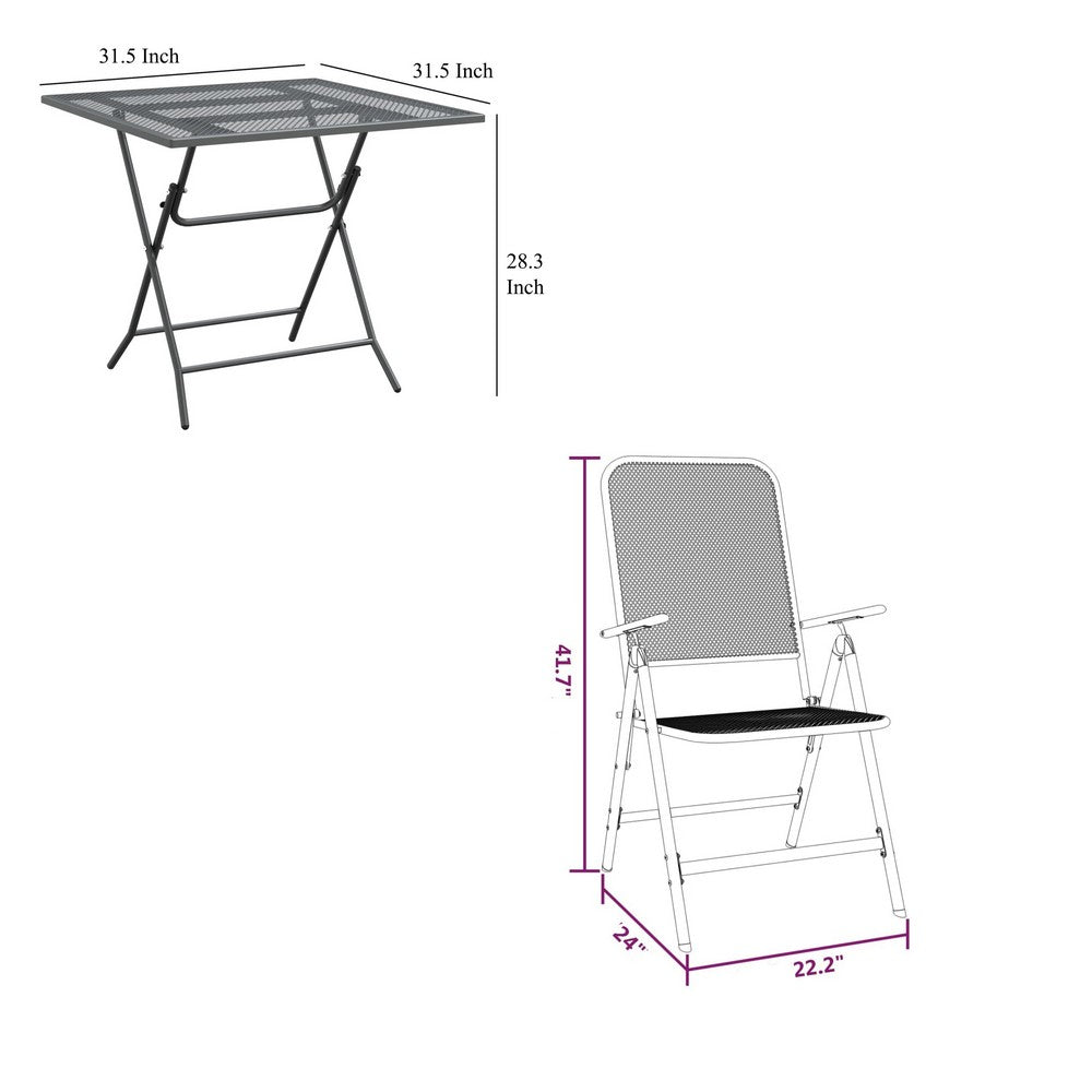 Zofi 3pc Outdoor Dining Chair and Table Set, Foldable Mesh Gray Metal