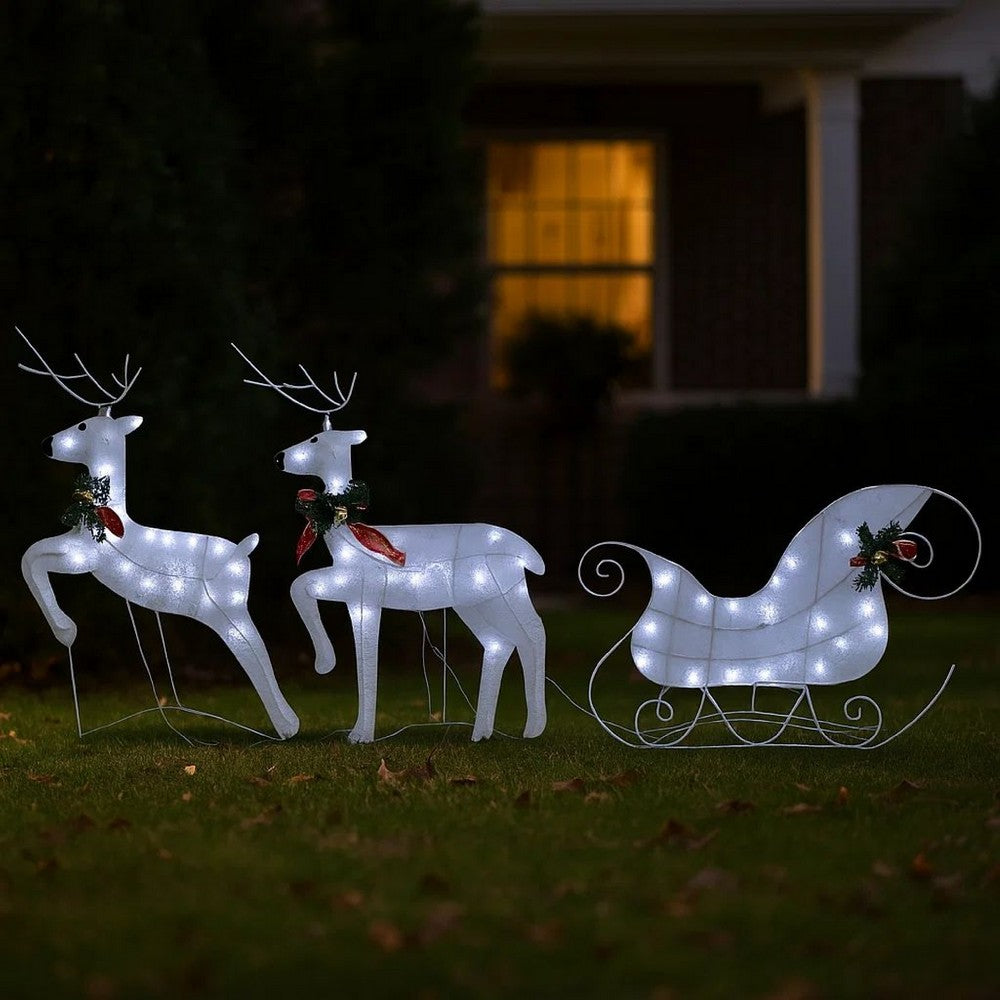 4pc Outdoor Reindeer n Sleigh Christmas Decoration, 100 White LEDs