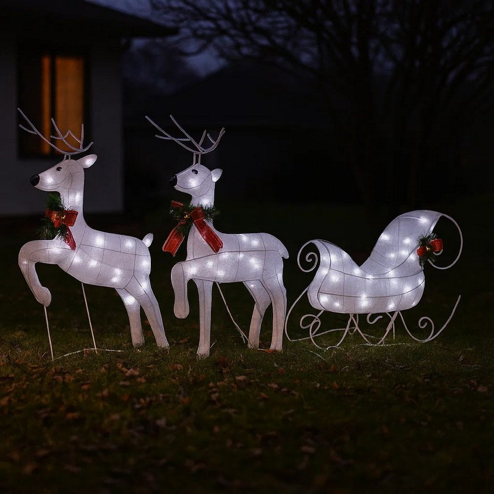 4pc Outdoor Reindeer n Sleigh Christmas Decoration, 100 White LEDs