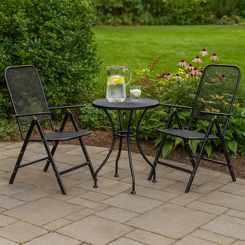 Troy 3pc Outdoor Foldable Dining Chair and Table Set, Mesh Gray Metal