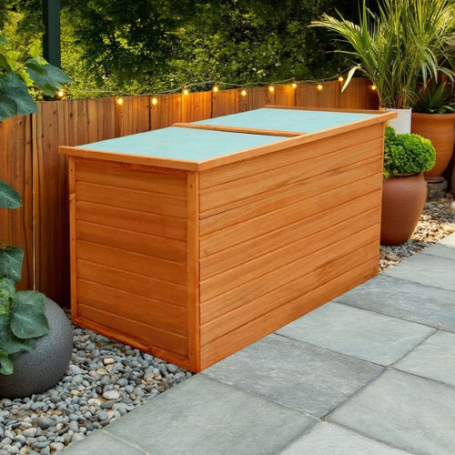 Outdoor Deck Patio Storage Box, Hinged Lift Top, Brown Wood 28x28x50